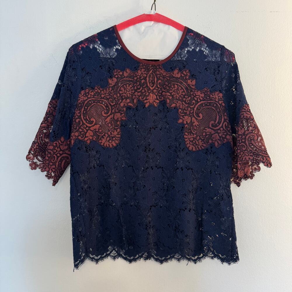 Sandro Paris Navy Burgundy Lace Paisley Short Sleeve Blouse Top FR 2 US 6 Luxury